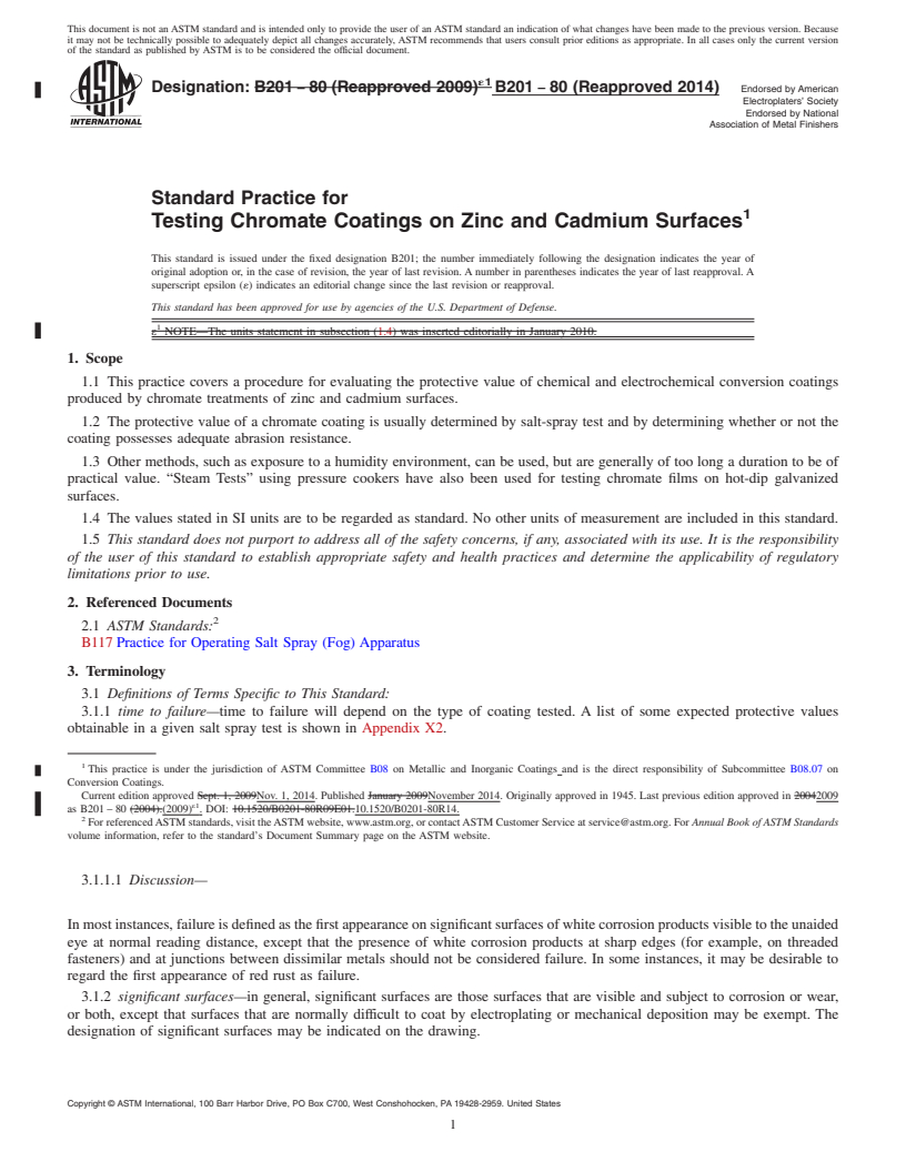 REDLINE ASTM B201-80(2014) - Standard Practice for  Testing Chromate Coatings on Zinc and Cadmium Surfaces