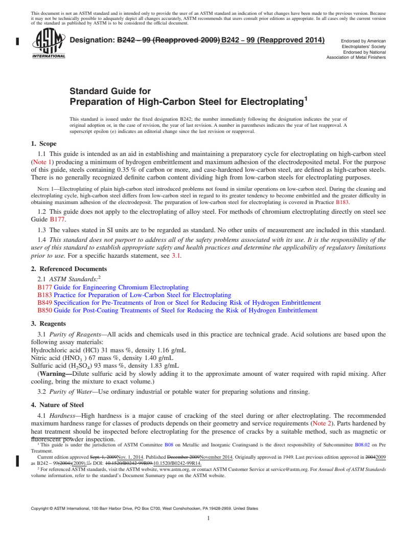 REDLINE ASTM B242-99(2014) - Standard Guide for  Preparation of High-Carbon Steel for Electroplating