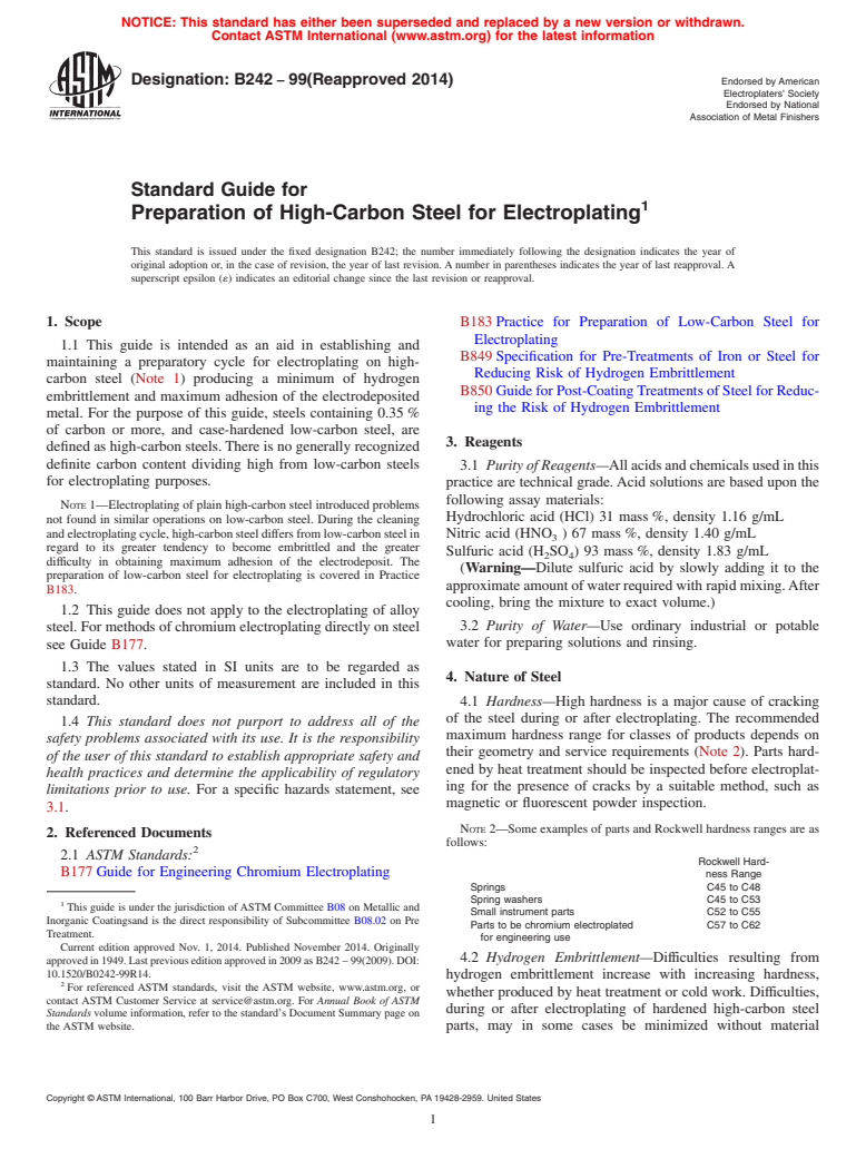 ASTM B242-99(2014) - Standard Guide for  Preparation of High-Carbon Steel for Electroplating