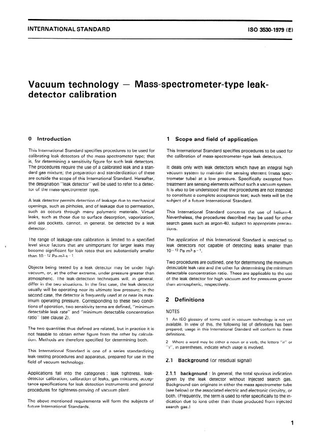 ISO 3530:1979 - Vacuum technology -- Mass-spectrometer-type leak-detector calibration