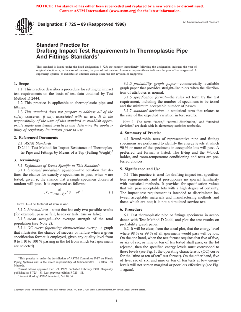 ASTM F725-89(1996) - Standard Practice for Drafting Impact Test Requirements In Thermoplastic Pipe And Fittings Standards