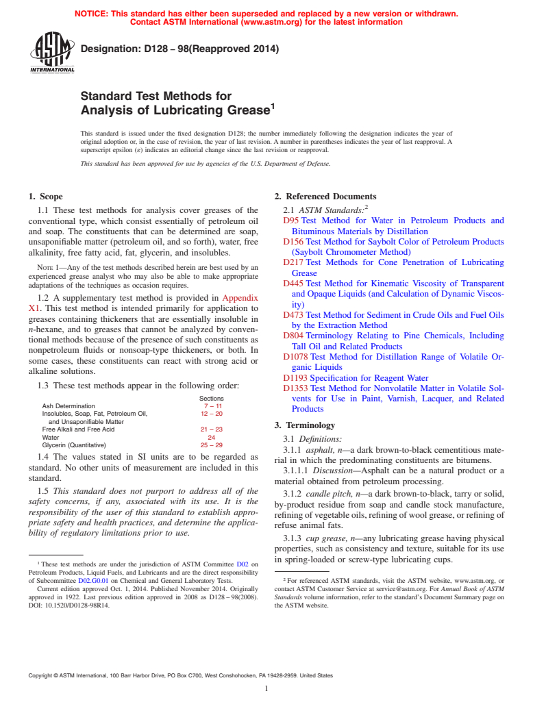 ASTM D128-98(2014) - Standard Test Methods for  Analysis of Lubricating Grease