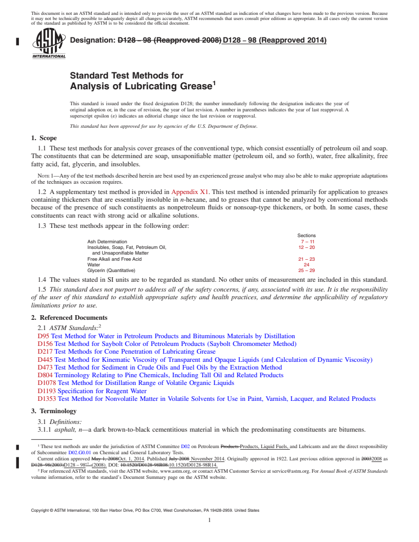 REDLINE ASTM D128-98(2014) - Standard Test Methods for  Analysis of Lubricating Grease