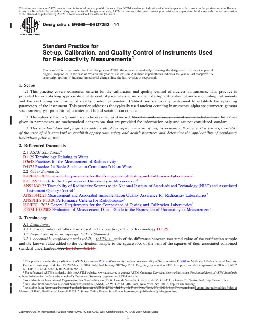 REDLINE ASTM D7282-14 - Standard Practice for  Set-up, Calibration, and Quality Control of Instruments Used  for Radioactivity Measurements