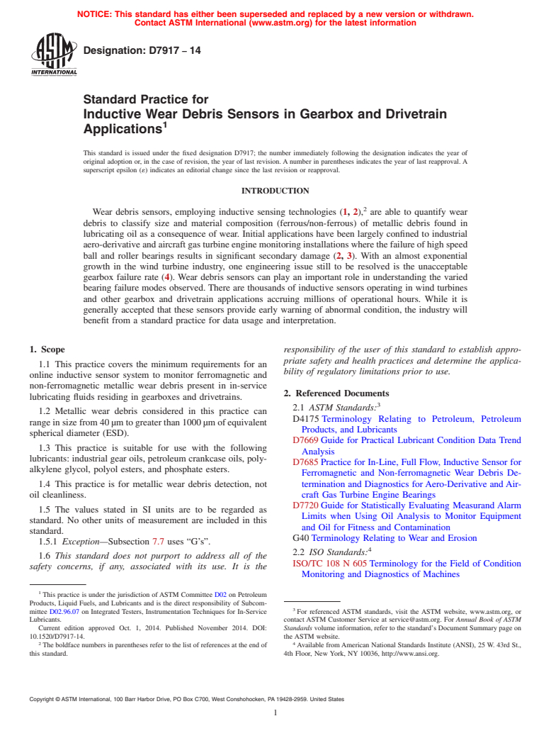 ASTM D7917-14 - Standard Practice for Inductive Wear Debris Sensors in Gearbox and Drivetrain Applications