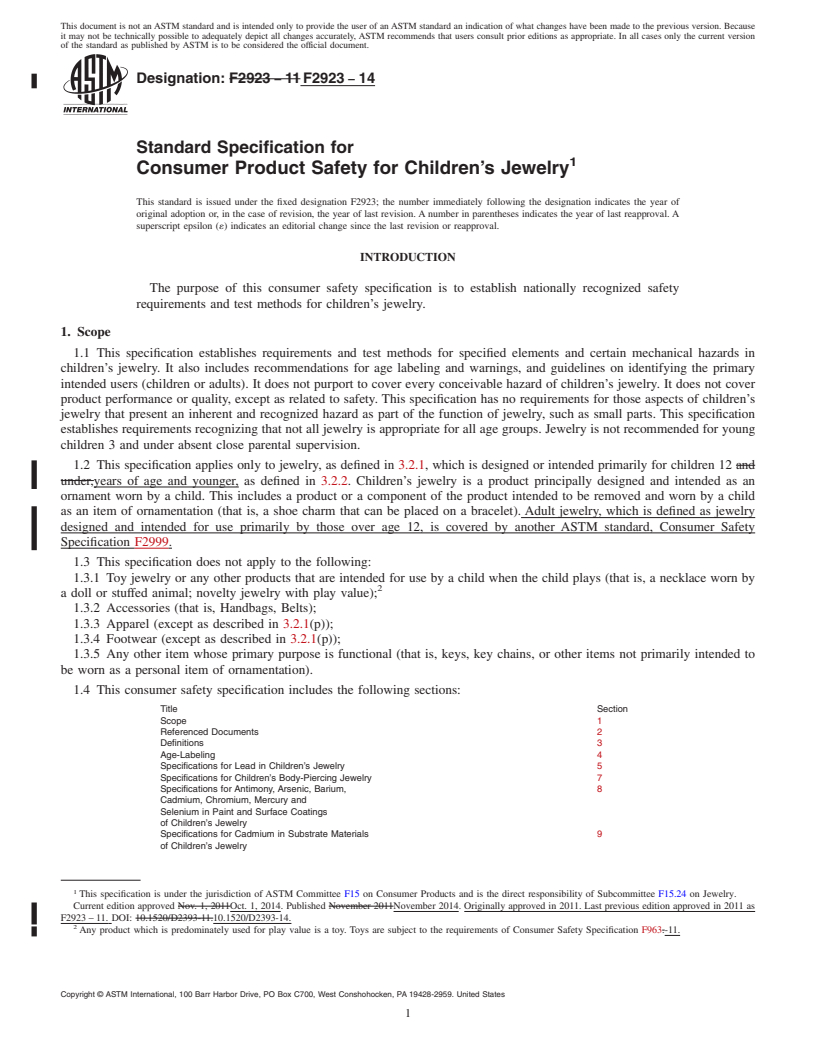 REDLINE ASTM F2923-14 - Standard Specification for Consumer Product Safety for Children&rsquo;s Jewelry