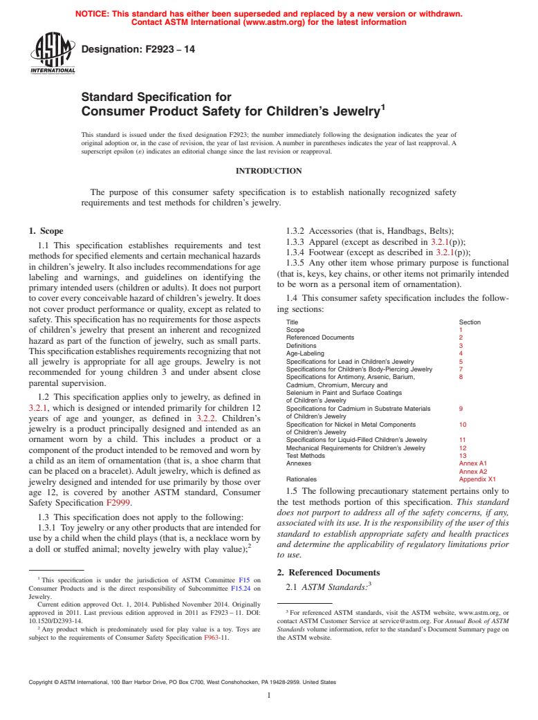 ASTM F2923-14 - Standard Specification for Consumer Product Safety for Children&rsquo;s Jewelry