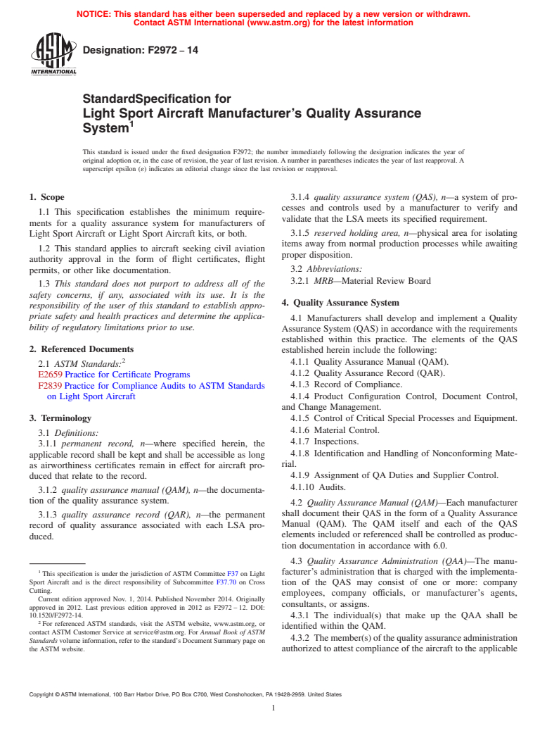 ASTM F2972-14 - Standard Specification for Light Sport Aircraft Manufacturer&rsquo;s Quality Assurance  System