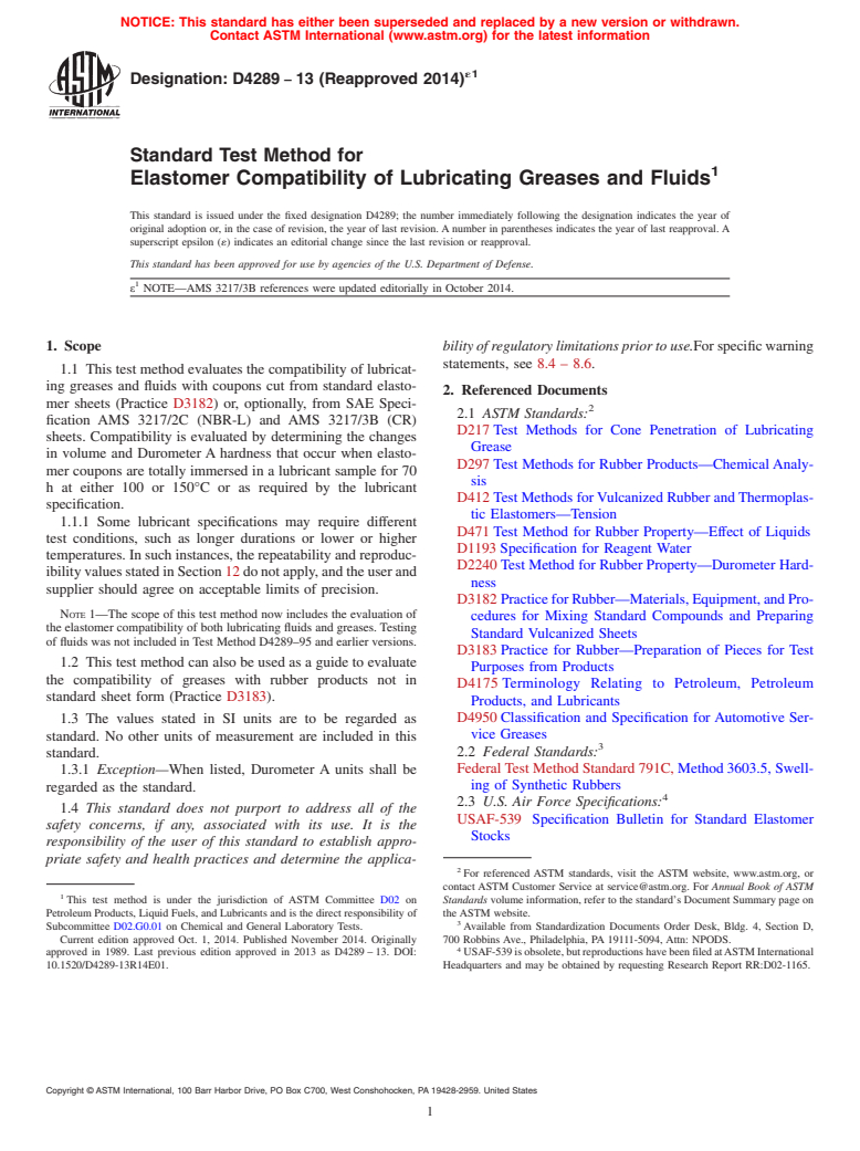 ASTM D4289-13(2014)e1 - Standard Test Method for  Elastomer Compatibility of Lubricating Greases and Fluids