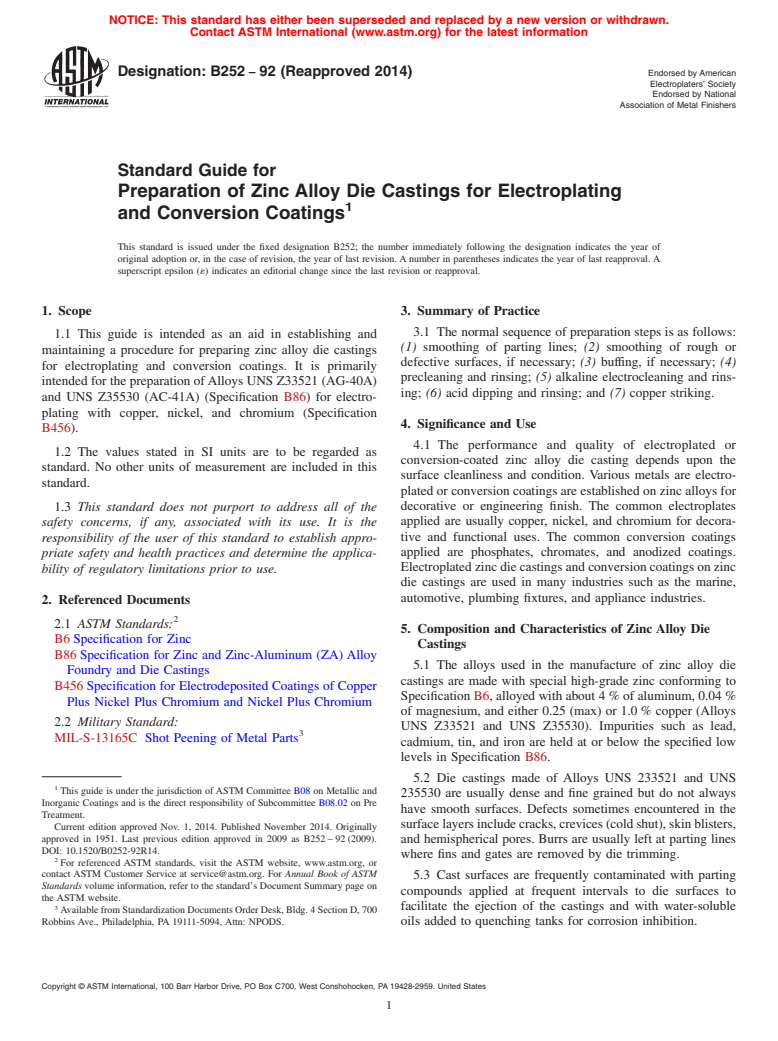 ASTM B252-92(2014) - Standard Guide for  Preparation of Zinc Alloy Die Castings for Electroplating and   Conversion Coatings