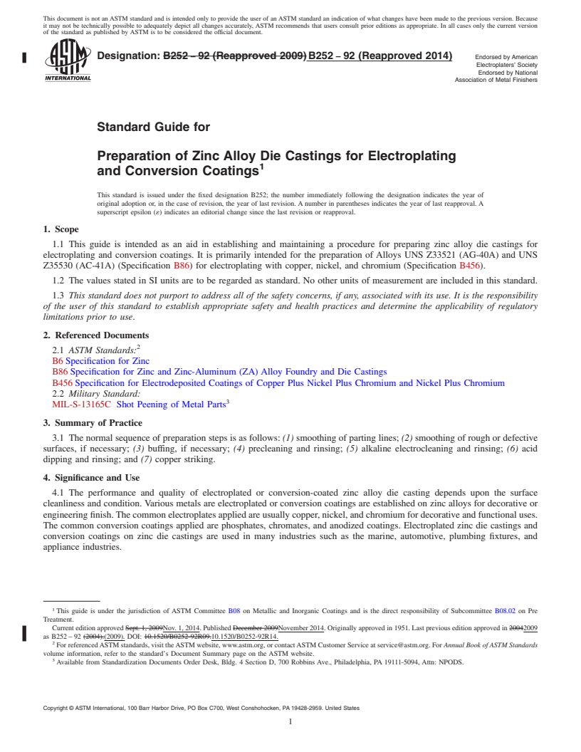 REDLINE ASTM B252-92(2014) - Standard Guide for  Preparation of Zinc Alloy Die Castings for Electroplating and   Conversion Coatings