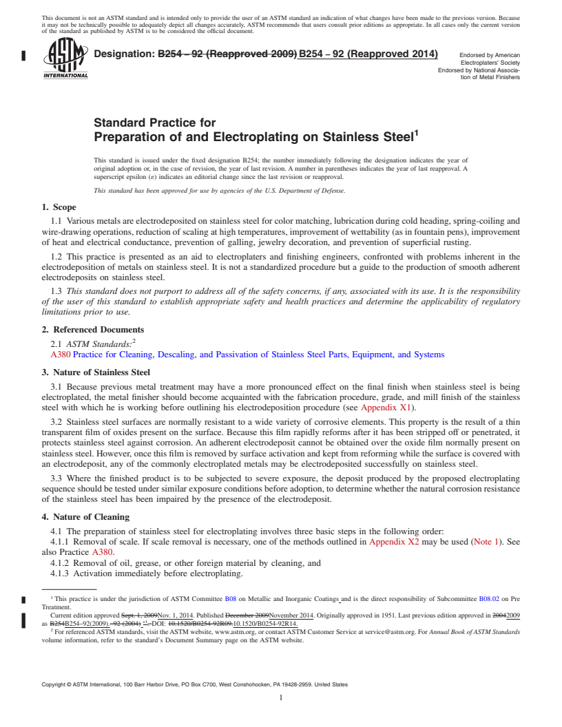 REDLINE ASTM B254-92(2014) - Standard Practice for  Preparation of and Electroplating on Stainless Steel