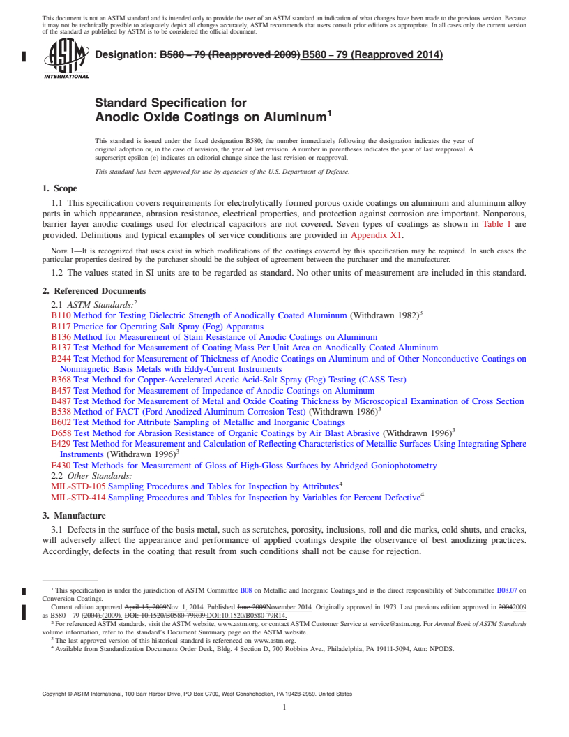 REDLINE ASTM B580-79(2014) - Standard Specification for  Anodic Oxide Coatings on Aluminum