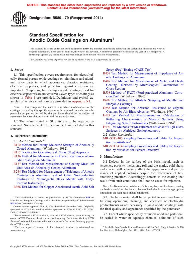 ASTM B580-79(2014) - Standard Specification for  Anodic Oxide Coatings on Aluminum