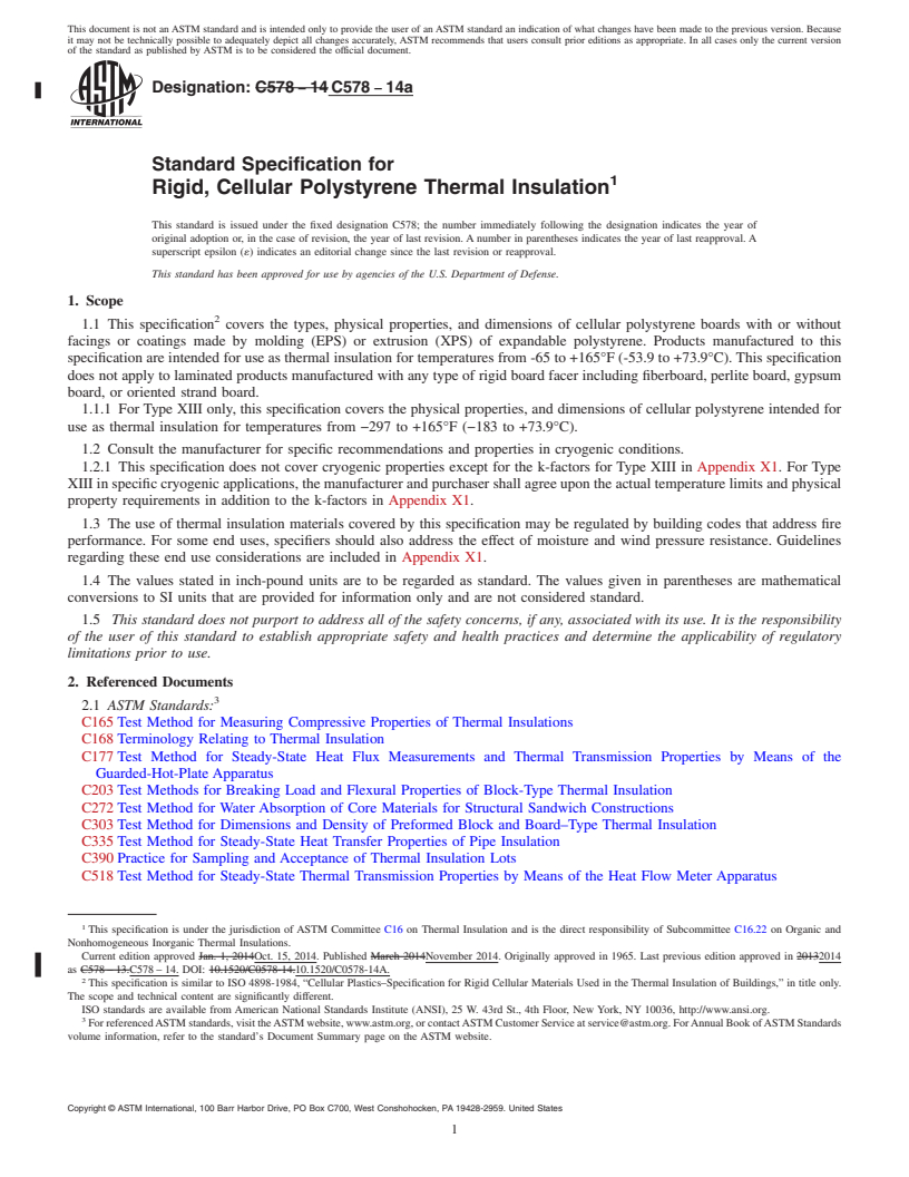 REDLINE ASTM C578-14a - Standard Specification for  Rigid, Cellular Polystyrene Thermal Insulation