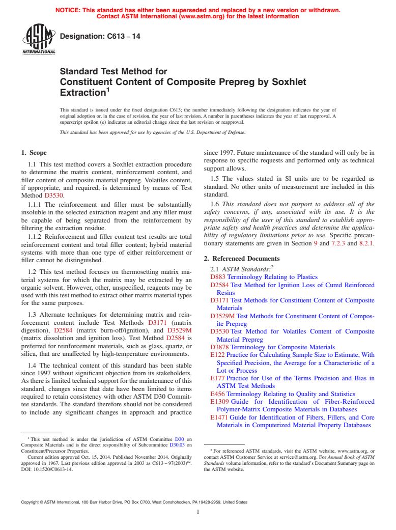 ASTM C613-14 - Standard Test Method for  Constituent Content of Composite Prepreg by Soxhlet Extraction