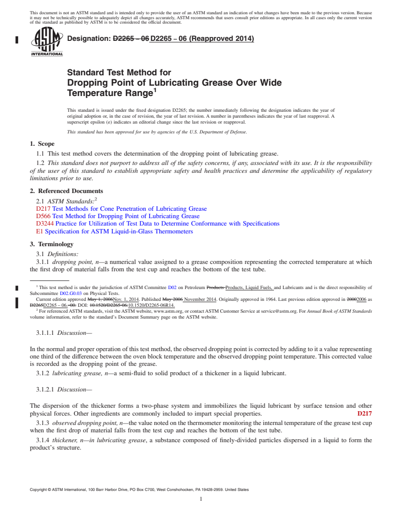 REDLINE ASTM D2265-06(2014) - Standard Test Method for  Dropping Point of Lubricating Grease Over Wide Temperature   Range