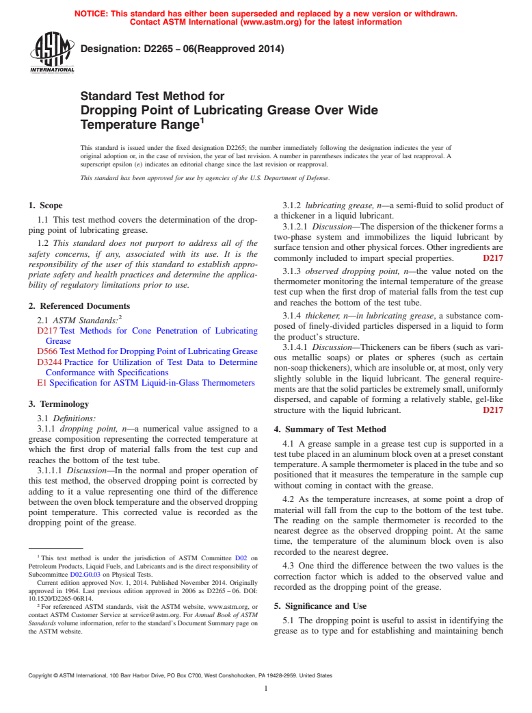 ASTM D2265-06(2014) - Standard Test Method for  Dropping Point of Lubricating Grease Over Wide Temperature   Range