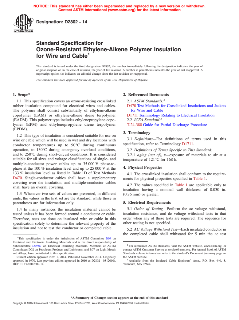 ASTM D2802-14 - Standard Specification for  Ozone-Resistant Ethylene-Alkene Polymer Insulation<brk/> for  Wire and Cable (Withdrawn 2020)