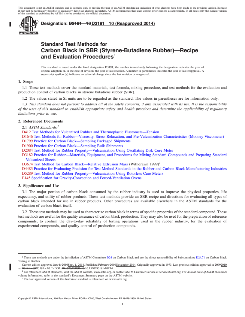 REDLINE ASTM D3191-10(2014) - Standard Test Methods for Carbon Black in SBR (Styrene-Butadiene Rubber)&mdash;Recipe  and Evaluation Procedures