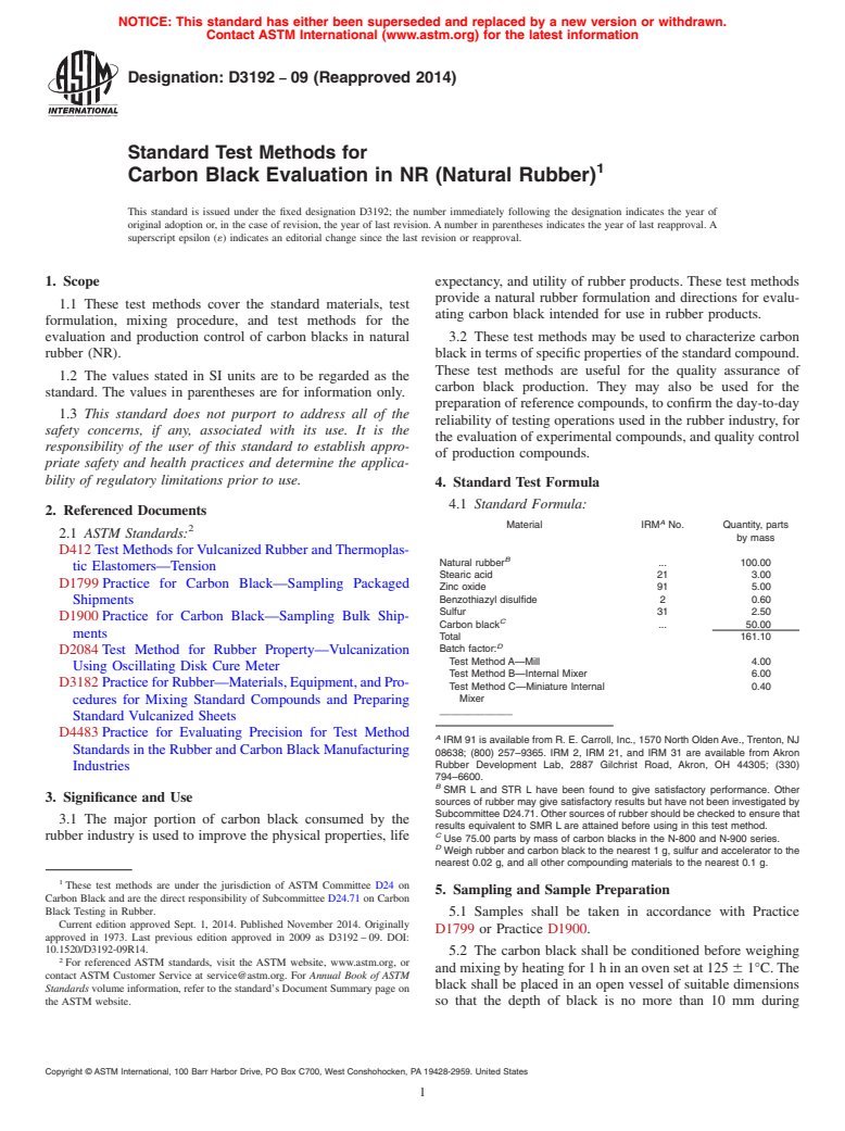 ASTM D3192-09(2014) - Standard Test Methods for Carbon Black Evaluation in NR (Natural Rubber)