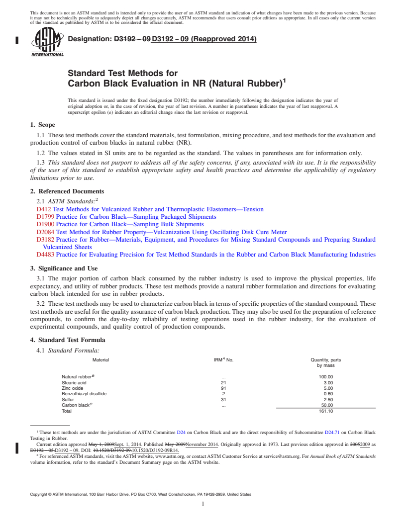 REDLINE ASTM D3192-09(2014) - Standard Test Methods for Carbon Black Evaluation in NR (Natural Rubber)