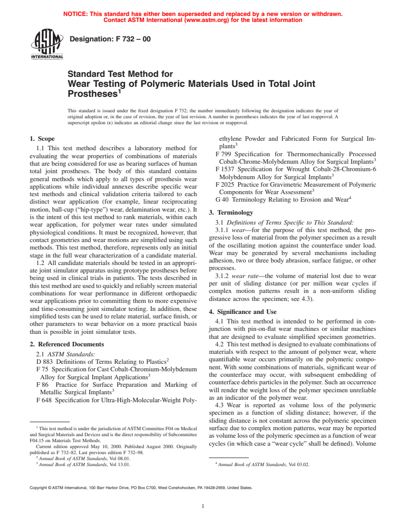 ASTM F732-00 - Standard Test Method for Wear Testing of Polymeric Materials for Use in Total Joint Prostheses