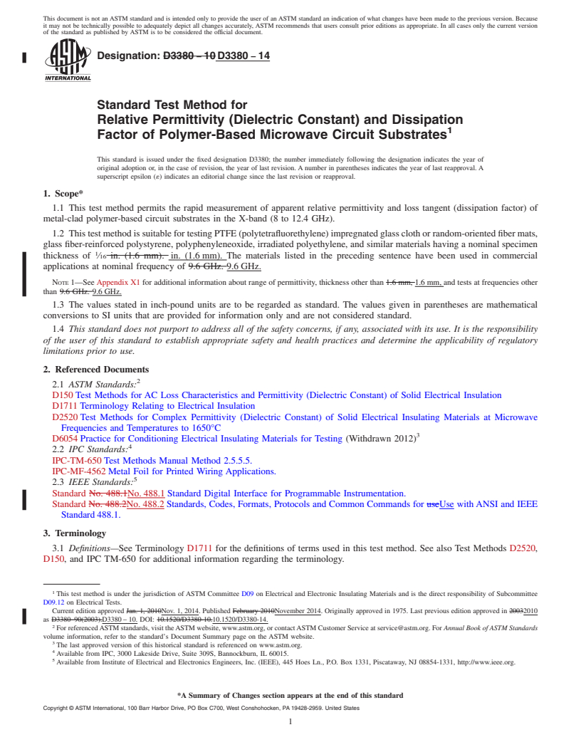 REDLINE ASTM D3380-14 - Standard Test Method for  Relative Permittivity (Dielectric Constant) and Dissipation   Factor   of Polymer-Based Microwave Circuit Substrates