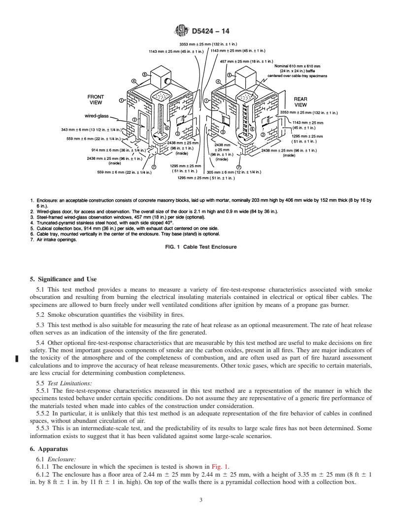 REDLINE ASTM D5424-14 - Standard Test Method for  Smoke Obscuration of Insulating Materials Contained in Electrical   or Optical Fiber Cables When Burning in a Vertical Cable Tray Configuration