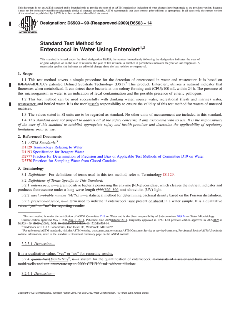 REDLINE ASTM D6503-14 - Standard Test Method for  Enterococci in Water Using Enterolert