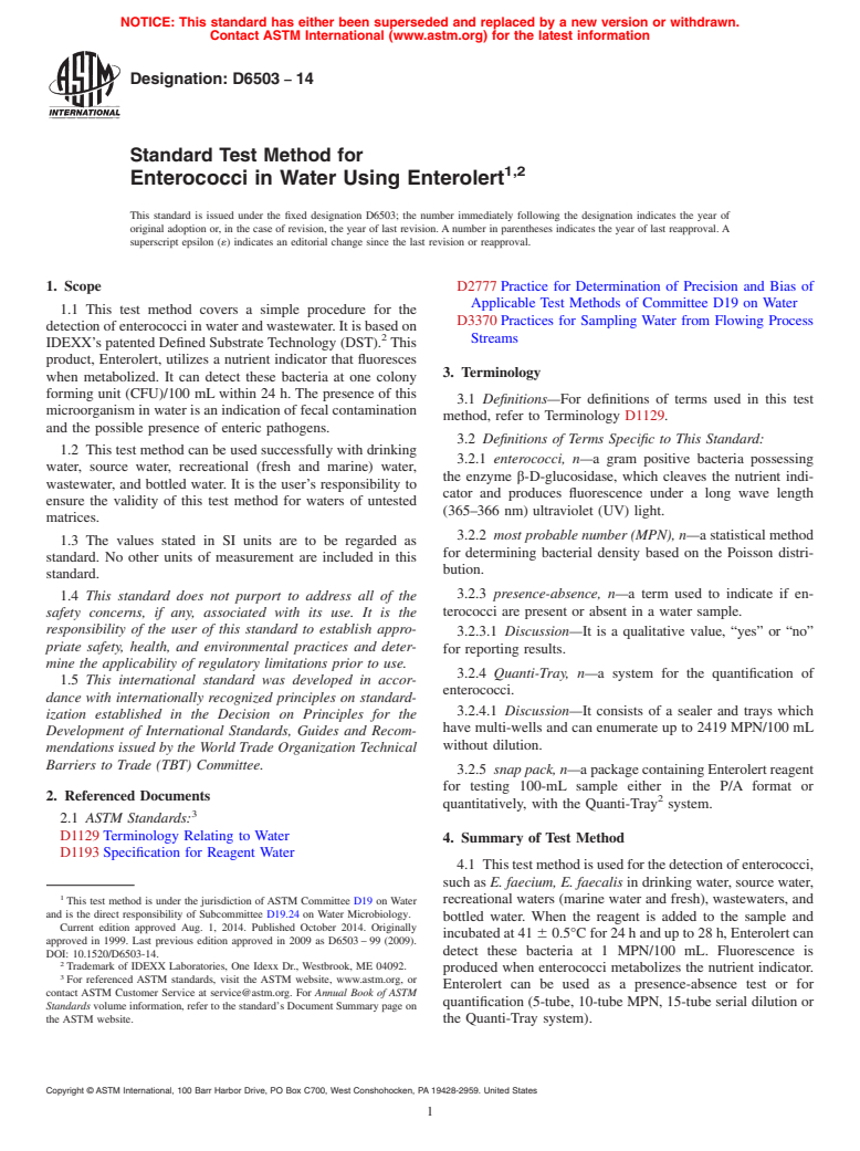 ASTM D6503-14 - Standard Test Method for  Enterococci in Water Using Enterolert