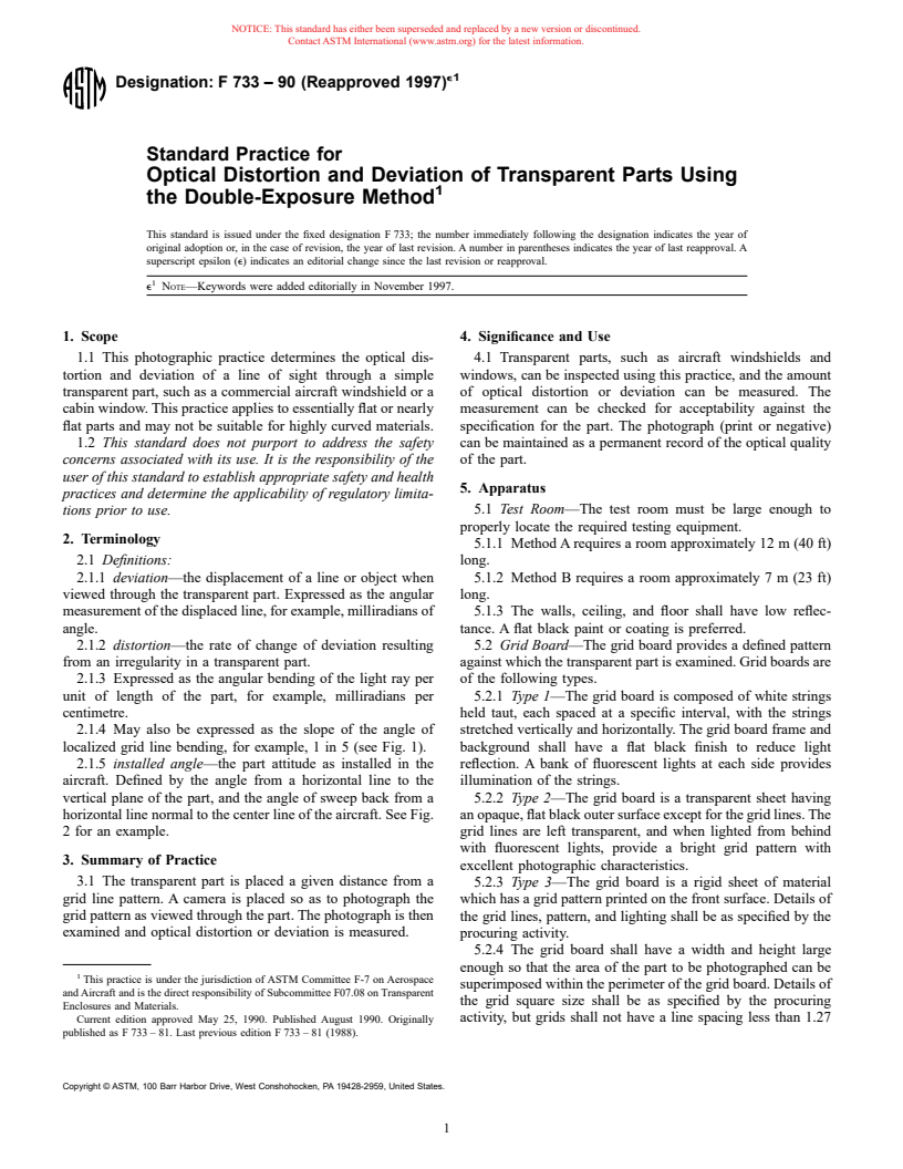 ASTM F733-90(1997)e1 - Standard Practice for Optical Distortion and Deviation of Transparent Parts Using the Double-Exposure Method