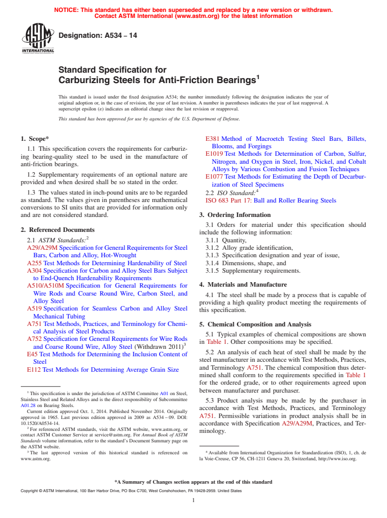 ASTM A534-14 - Standard Specification for Carburizing Steels for Anti-Friction Bearings