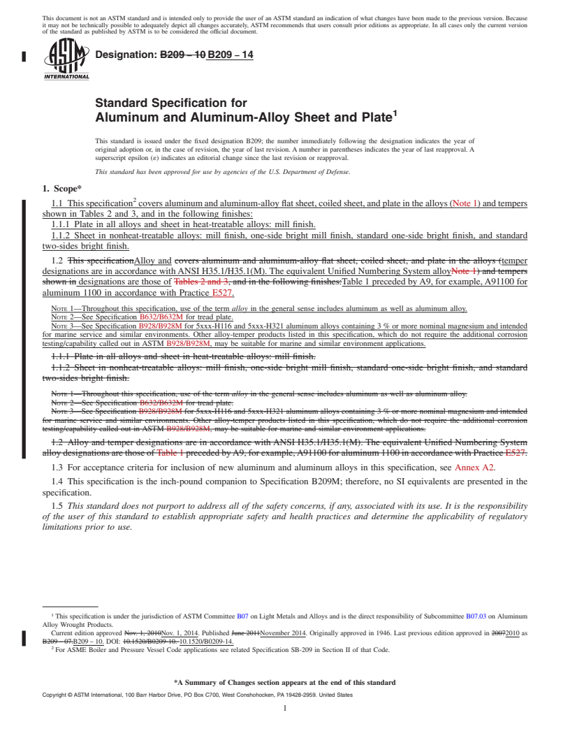 REDLINE ASTM B209-14 - Standard Specification for  Aluminum and Aluminum-Alloy Sheet and Plate