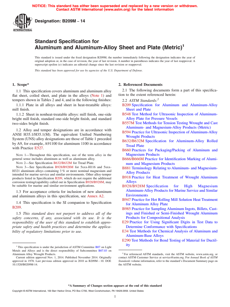 ASTM B209M-14 - Standard Specification for  Aluminum and Aluminum-Alloy Sheet and Plate (Metric) (Withdrawn 2021)