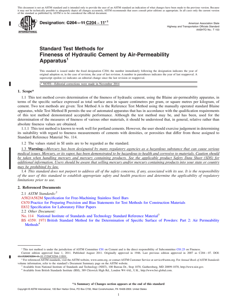 REDLINE ASTM C204-11e1 - Standard Test Methods for  Fineness of Hydraulic Cement by Air-Permeability Apparatus