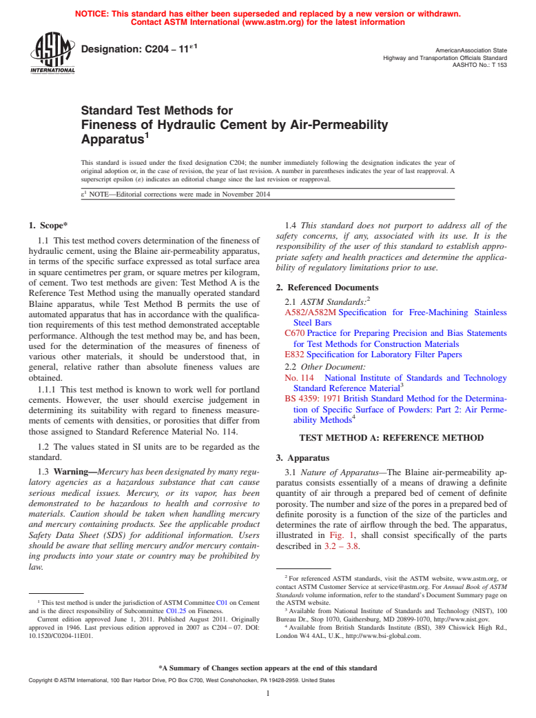 ASTM C204-11e1 - Standard Test Methods for  Fineness of Hydraulic Cement by Air-Permeability Apparatus