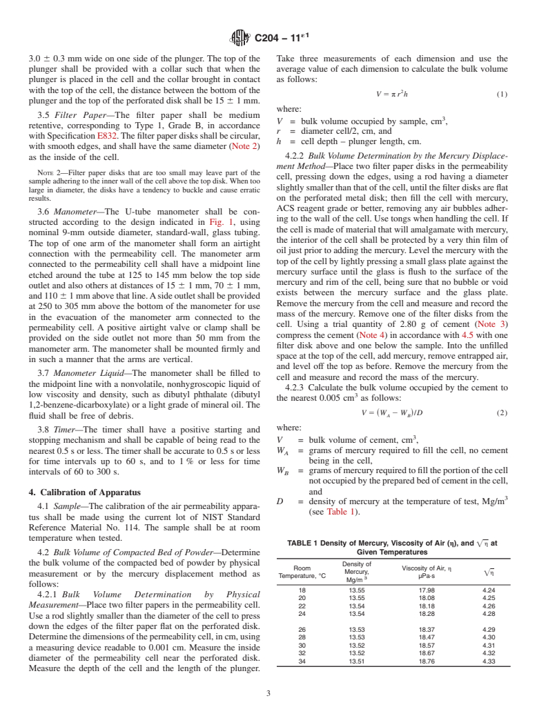 ASTM C204-11e1 - Standard Test Methods for  Fineness of Hydraulic Cement by Air-Permeability Apparatus