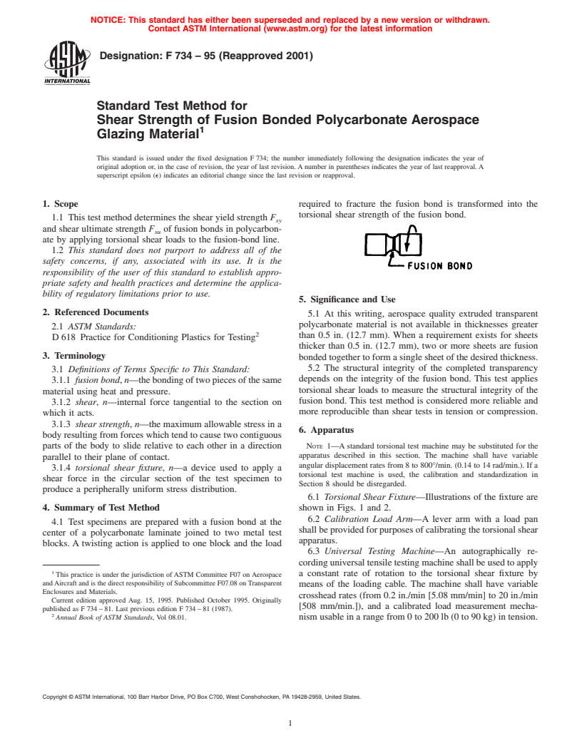 ASTM F734-95(2001) - Standard Test Method for Shear Strength of Fusion Bonded Polycarbonate Aerospace Glazing Material