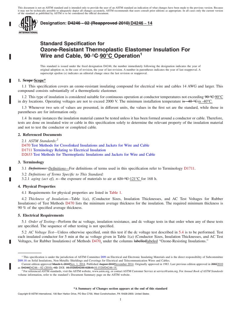 REDLINE ASTM D4246-14 - Standard Specification for  Ozone-Resistant Thermoplastic Elastomer Insulation For Wire  and Cable, 90&deg;C Operation