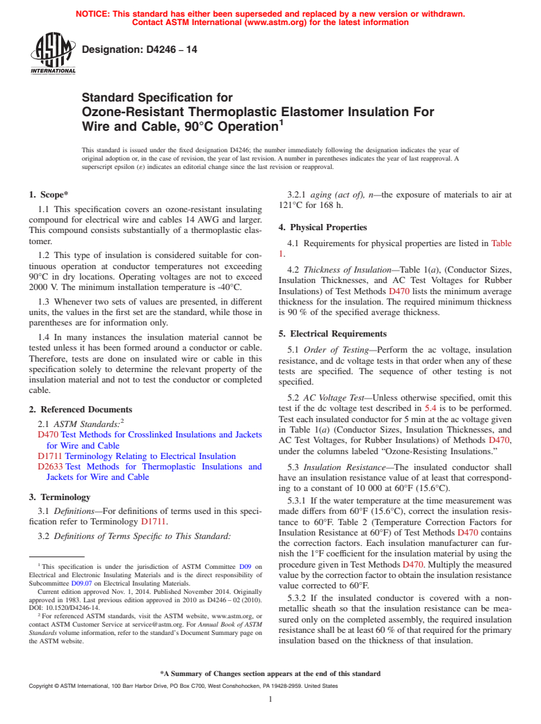 ASTM D4246-14 - Standard Specification for  Ozone-Resistant Thermoplastic Elastomer Insulation For Wire  and Cable, 90&deg;C Operation