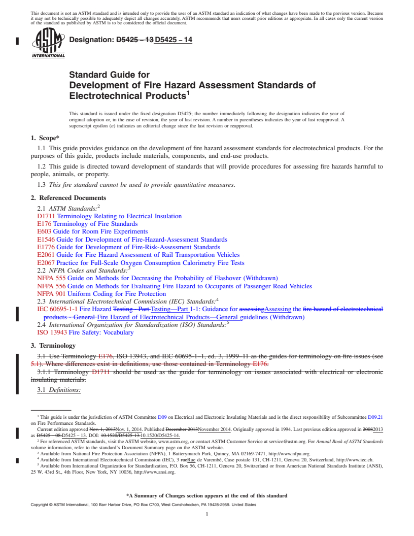 REDLINE ASTM D5425-14 - Standard Guide for  Development of Fire Hazard Assessment Standards of Electrotechnical  Products