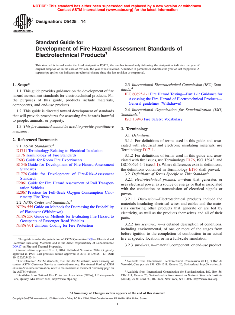 ASTM D5425-14 - Standard Guide for  Development of Fire Hazard Assessment Standards of Electrotechnical  Products