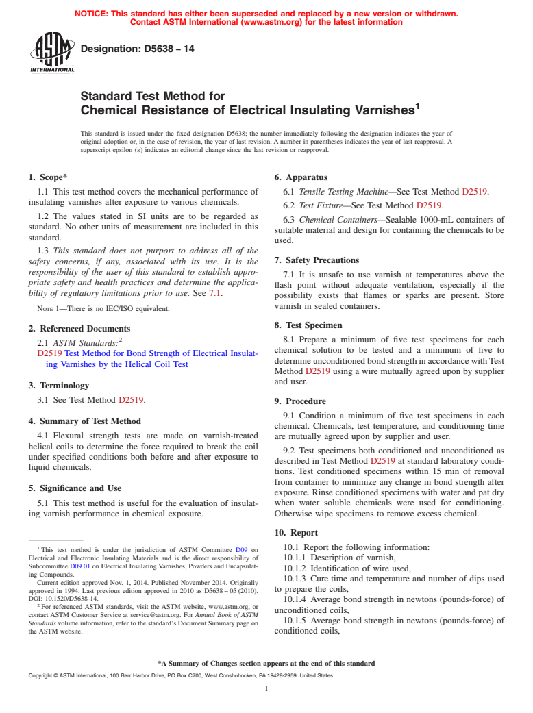 ASTM D5638-14 - Standard Test Method for  Chemical Resistance of Electrical Insulating Varnishes