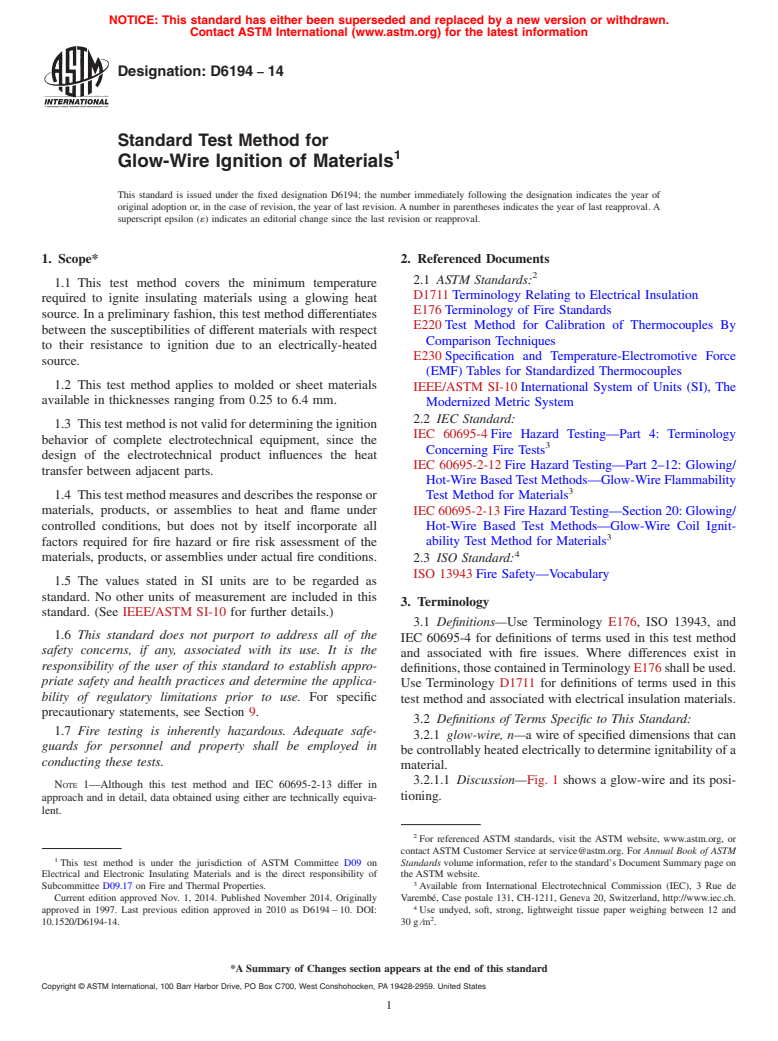 ASTM D6194-14 - Standard Test Method for  Glow-Wire Ignition of Materials