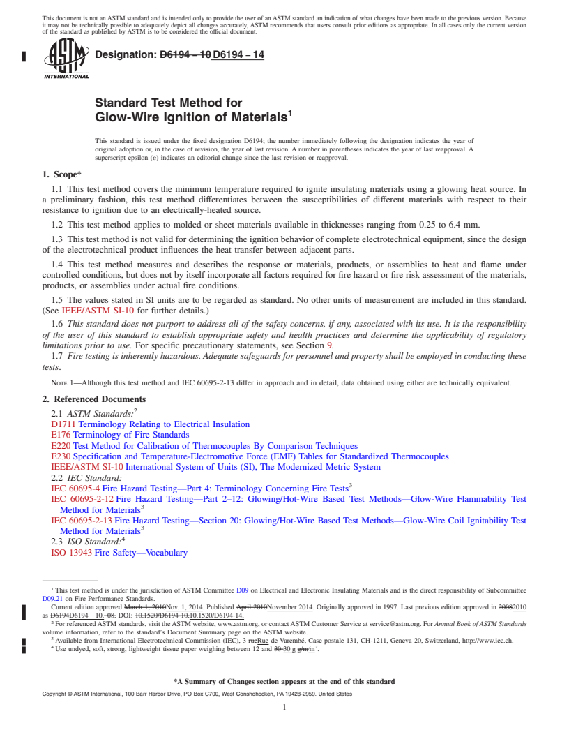 REDLINE ASTM D6194-14 - Standard Test Method for  Glow-Wire Ignition of Materials