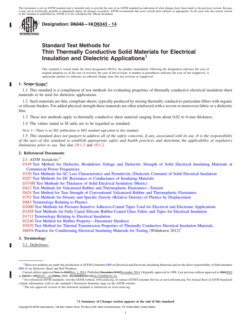 REDLINE ASTM D6343-14 - Standard Test Methods for  Thin Thermally Conductive Solid Materials for Electrical Insulation   and Dielectric Applications