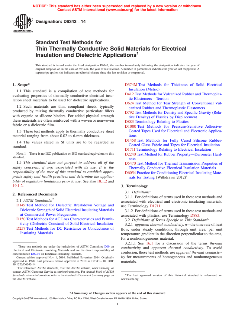 ASTM D6343-14 - Standard Test Methods for  Thin Thermally Conductive Solid Materials for Electrical Insulation   and Dielectric Applications