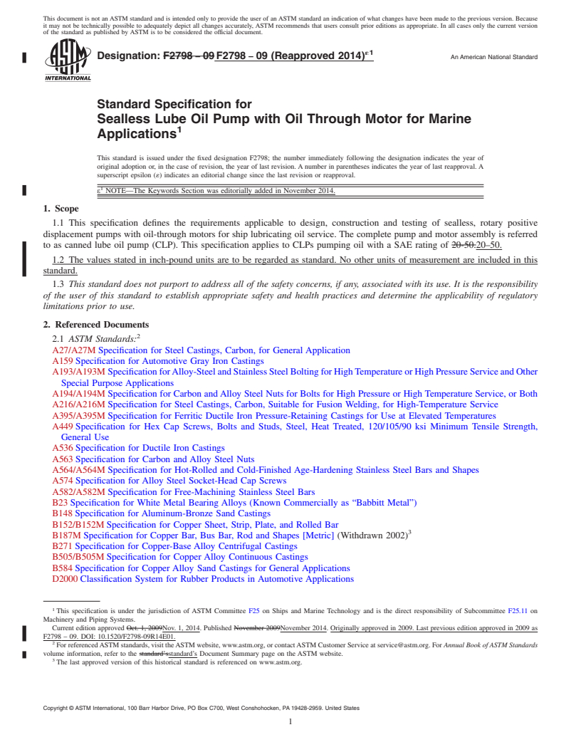 REDLINE ASTM F2798-09(2014)e1 - Standard Specification for  Sealless Lube Oil Pump with Oil Through Motor for Marine Applications