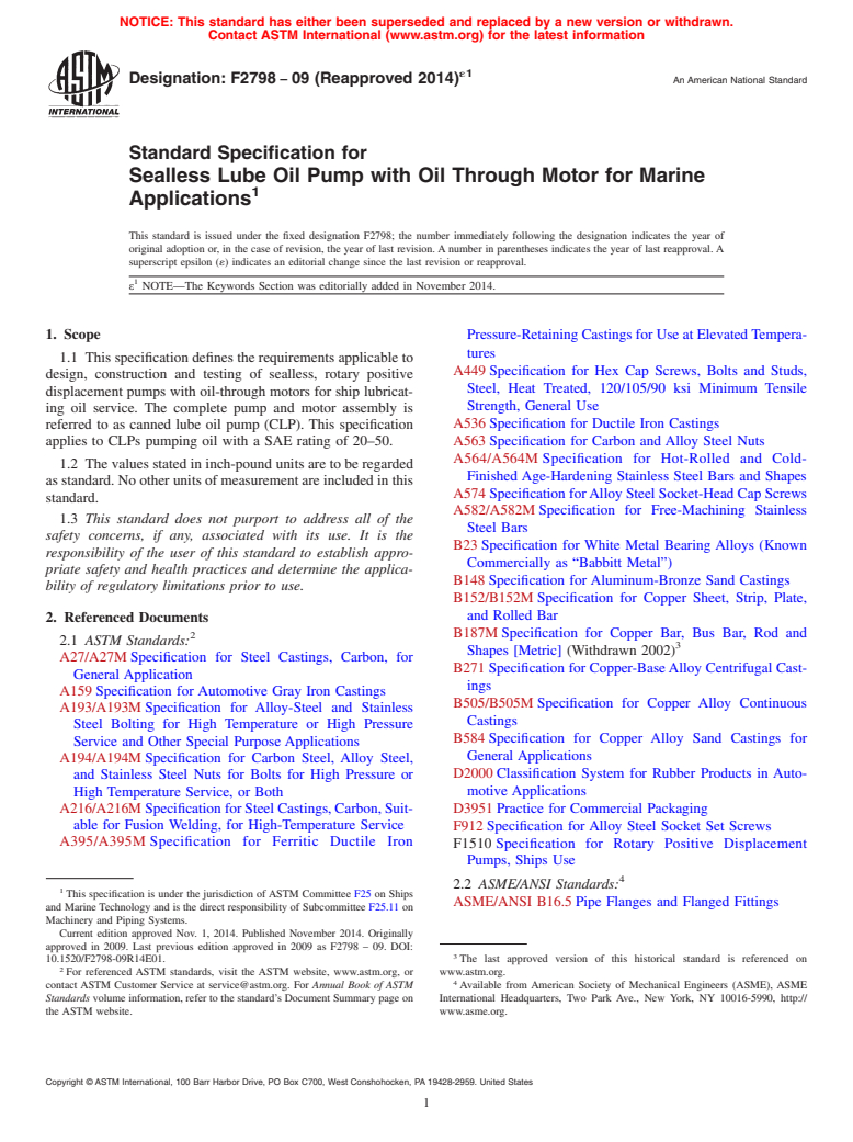 ASTM F2798-09(2014)e1 - Standard Specification for  Sealless Lube Oil Pump with Oil Through Motor for Marine Applications